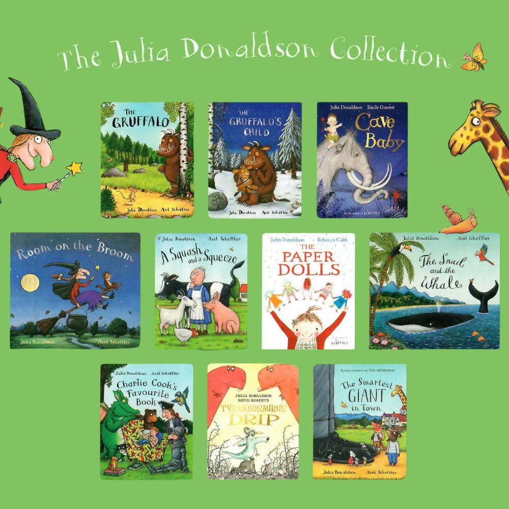 Julia Donaldson 10 Book Box Set – Includes The Gruffalo, Room on the Broom, The Snail and the Whale, The Gruffalo’s Child, The Paper Dolls, Tyrannosaurus Drip, Cave Baby, Monkey Puzzle, What the Ladybird Heard, and The Troll Paperback